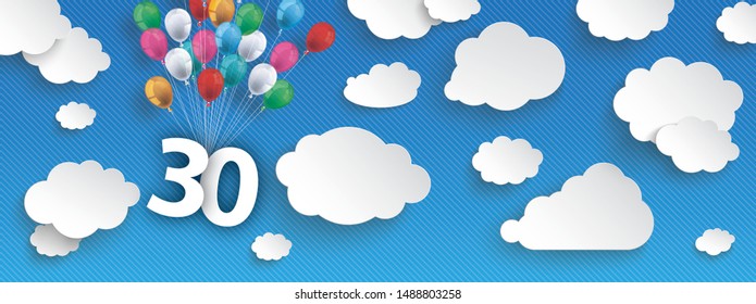 Paper clouds and hanging numbers 30 with colored balloons on the blue background. Eps 10 vector file.