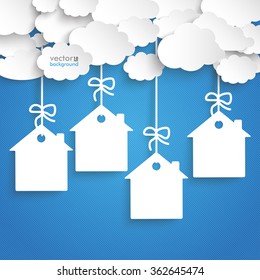 Paper clouds with house price stickers on the blue background. Eps 10 vector file.