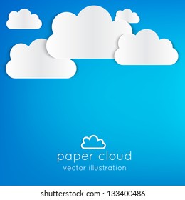 Paper clouds illustrated background on blue. Can be used as icon, sign, element for web design or business presentations.