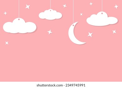 Paper clouds, moon and stars on pink background flat style illustration
