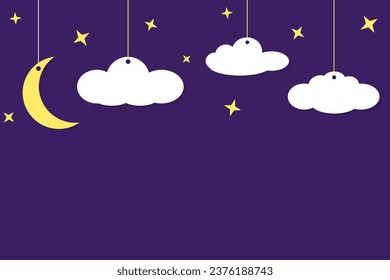 Paper clouds, moon and stars on purple background flat style illustration