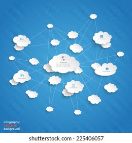 Paper clouds with networks on the blue background. Eps 10 vector file.