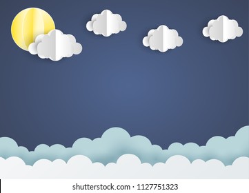 Paper clouds and night on blue sky background. vector illustration