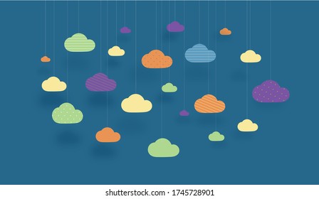 Papierwolken auf blauem Hintergrund. Vektor abstrakter Hintergrund mit Wolken. Papierhimmel. Flachicons.