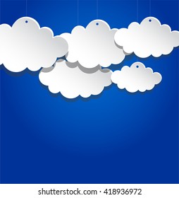 Paper clouds on blue background . Can be used as icon, sign, element for web design or business presentations. Text can be added