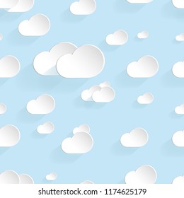 Paper clouds on a blue sky seamless pattern.