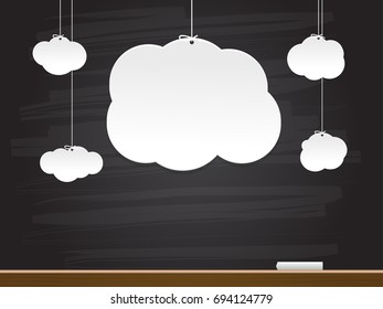 Paper clouds on chalkboard. Vector illustration.