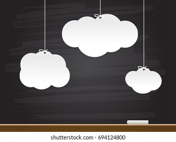 Paper clouds on chalkboard. Vector illustration.
