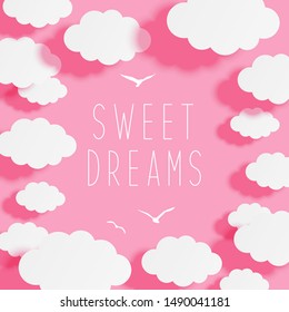 Paper clouds on pink sky background - frame for Your design