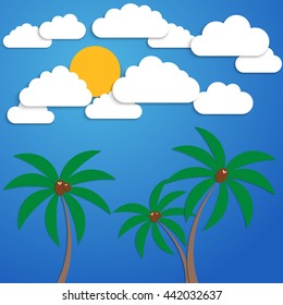 Paper clouds and palm trees on a blue background. Vector illustration