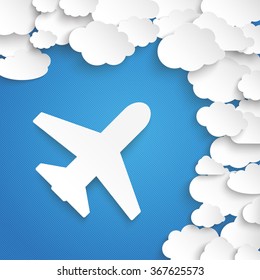 Paper clouds with plane on the blue background. Eps 10 vector file.