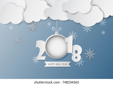 Paper clouds and snowflake with text happy new year 2018 on the blue background. Vector illustration
