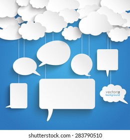 Paper clouds with speech bubbles on the blue background. Eps 10 vector file.