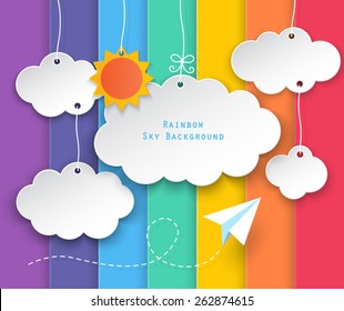 paper clouds, sun hanging and planes flying in summer with rainbow sky background. vector.