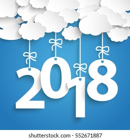 Paper clouds with text 2018 on the blue background. Eps 10 vector file.