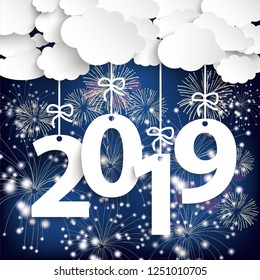 Paper clouds with text 2019 and fireworks on the blue background. Eps 10 vector file.