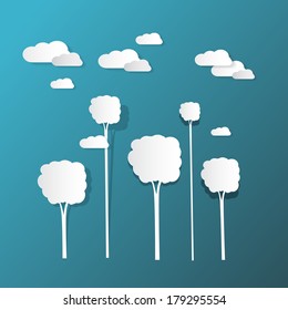 Paper Clouds and Trees on Blue Background 