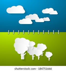 Paper Clouds and Trees on Blue - Green Notebook Background 