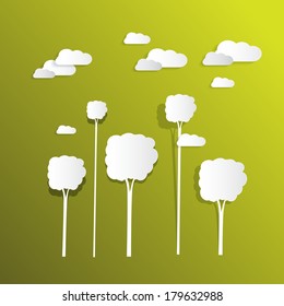 Paper Clouds and Trees on Green Background