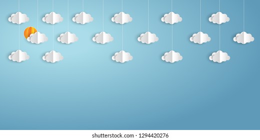 Paper clouds and weather on blue sky background. vector illustration