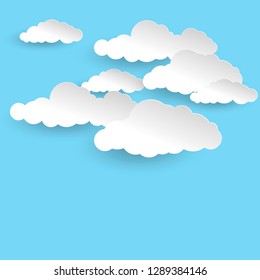 Paper clouds. White fluffy clouds with shadows. Cartoon Paper Background, Illustration for Design.  Template for wedding, banner, poster, advertisement.  Vector illustration .