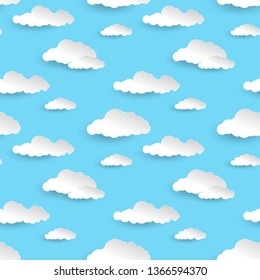 Paper clouds. White fluffy clouds with shadows. Cartoon Paper Background, Illustration for Design.  Template for wedding, banner, poster, advertisement.  
seamless pattern. Vector  illustration .