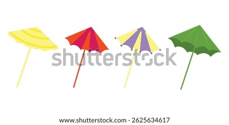 Paper cocktail umbrellas set. Small colorful umbrella on toothpick for sweet drinks and summer beverages, decoration parasol.