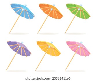 Paper cocktail umbrellas. Small colorful umbrella on toothpick for sweet drinks and summer beverages, decoration parasol in glass beach drink cocktails, vector illustration of cocktail paper umbrella