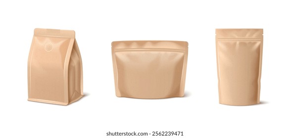 Paper coffee bag mockup set of beige kraft packaging designs - gusseted pouch with seal, flat bottom doypack, standing ziplock sachet. Eco friendly containers template for premium roasted beans.