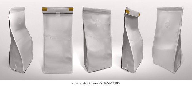 Paper coffee bag mockup set in various angles - white pouch with gold clips, foil packaging with seal, standing rectangular containers. Empty package design for beans and ground product branding.