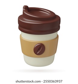 Paper coffee cup 3d vector icon. Cute take away hot drink with coffee bean on a label. Three dimensional illustration isolated on white background.