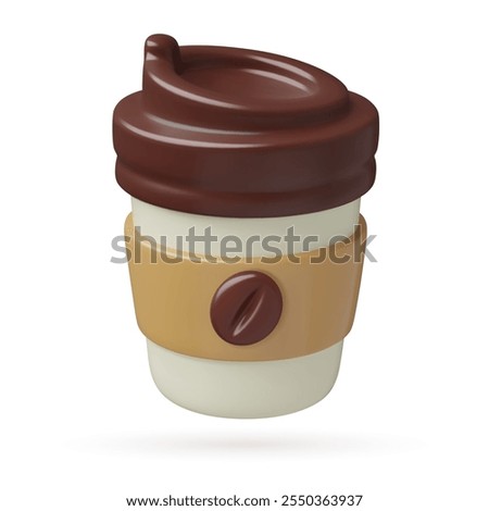 Paper coffee cup 3d vector icon. Cute take away hot drink with coffee bean on a label. Three dimensional illustration isolated on white background.