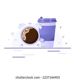 Café de papel con despertador. Café para llevar, café para ir, cafetería, concepto de buen día