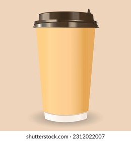 Paper coffee cup. Blank disposable takeaway kraft coffee cup with cardboard holder and plastic lid, mock up template isolated.