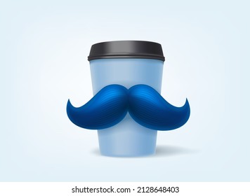 Paper coffee cup with blue moustache. 3D vector illustration