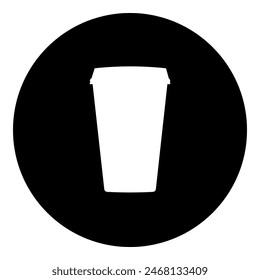 A paper coffee cup in the center. Isolated white symbol in black circle. Vector illustration on white background