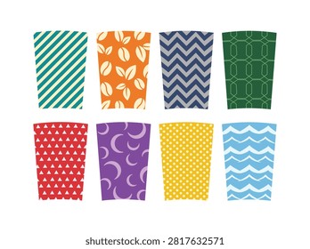 Paper coffee cup collection with seamless pattern designs, disposable takeaway cups, cafe beverage packaging and printable vector templates