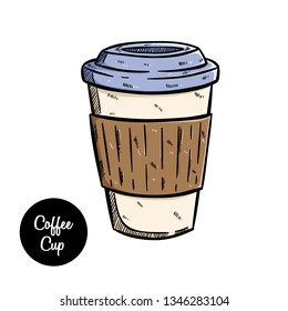 Paper coffee cup with colored hand drawn style