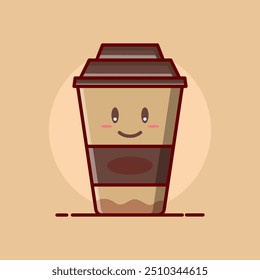 Taza de café de papel con la ilustración plana linda de la cara, café con el icono lindo del vencedor de la cara