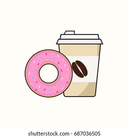 Paper coffee cup and donut.