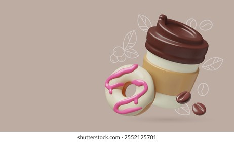 Taza de café de papel y diseño de Anuncio 3d donut. Cartel realista lindo de la comida para llevar y de la bebida del Vector con el fondo de los dibujos del doodle y el espacio de la copia.