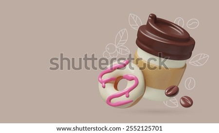 Paper coffee cup and donut 3d banner design. Cute realistic vector takeout food and drink poster with doodle drawings background and copy space.