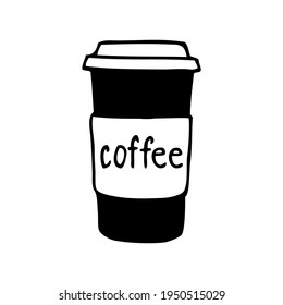 Paper coffee cup. Doodle vector hand drawn icon on white background isolated. Coffee to go illustration.