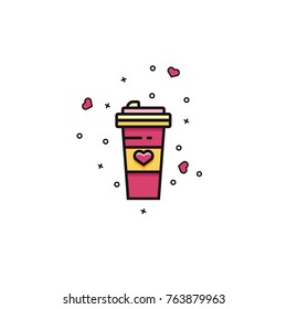 Paper coffee cup flat line icon decorated with hearts. Coffee to go vector pictogram. Valentine's Day vector illustration.
