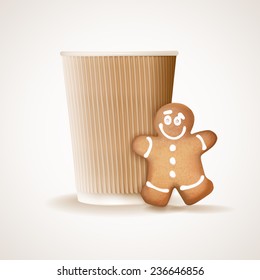 Paper coffee cup and gingerbread man on a white background.