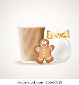 Paper coffee cup, gingerbread man and christmas ball on a white background.