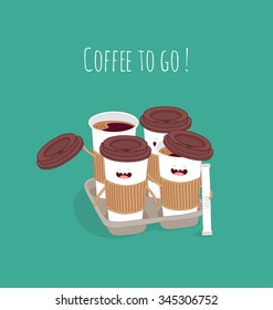 Paper coffee cup Coffee to go. Comic characters. Vector illustrations. Use for card, poster, banner, web design and print on t-shirt. Easy to edit. Vector illustration.