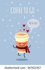 Paper coffee cup "Coffee to go". Comic characters. Vector illustrations.