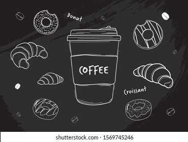 Paper coffee cup and graphic style sweets on black background - Vector
