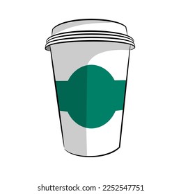 Paper coffee cup with green label background vector illustration. Isolated on white background
